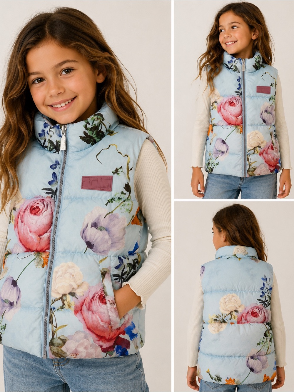 Molo Kids Helke Floral Puffer Vest Blue Size 128 Lightweight Recycled Fill GUC